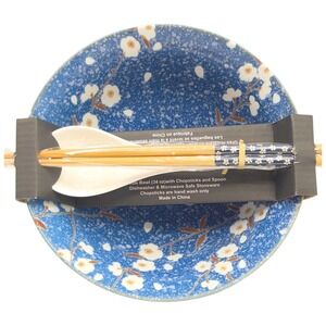 SH Home Sakura Cherry Blossom Ceramic Ramen Noodle Bowl Blue w/ Chopsticks Spoon